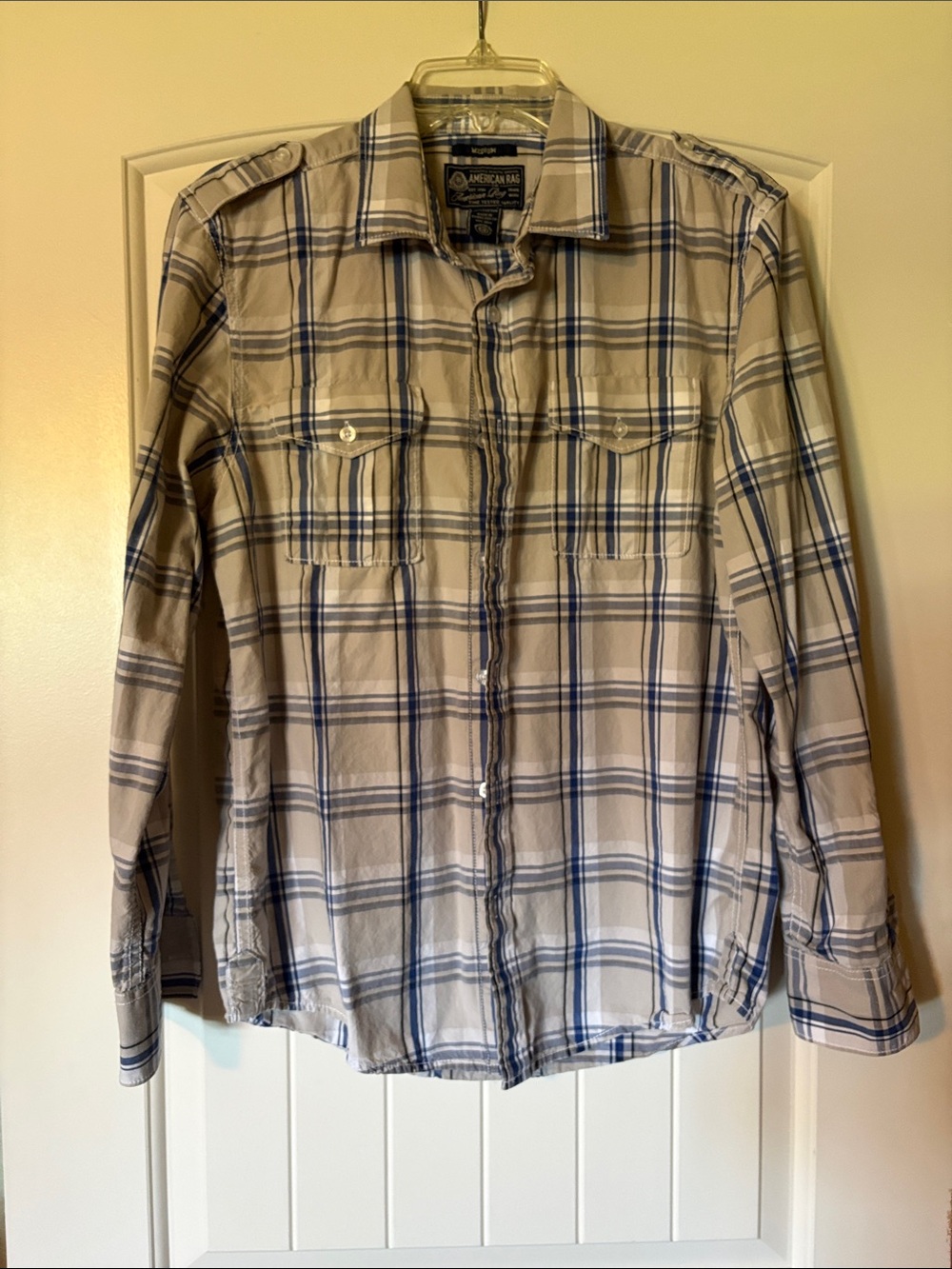 American Rag gray-beige blue and white Plaid Button-Down Shirt with Blue Stripes